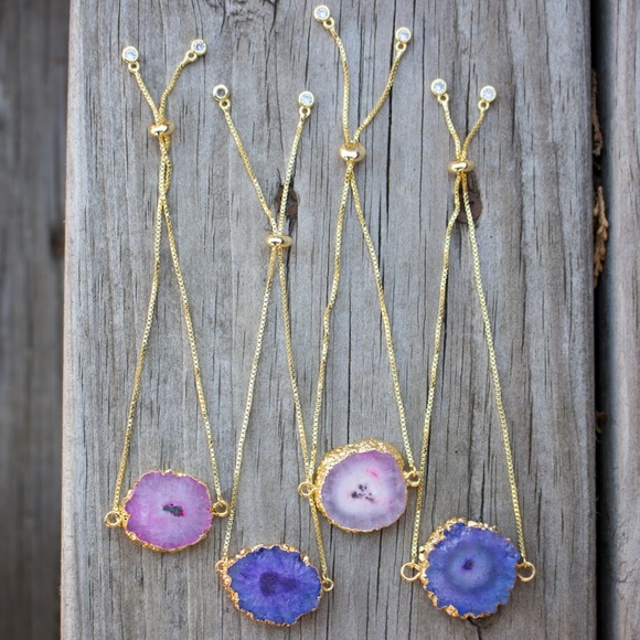 Natural Quartz Slice Bracelet Adjustable Gold - Picture 3 of 3